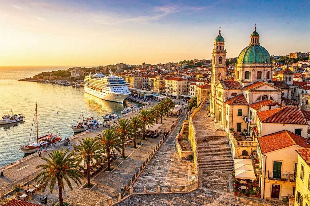 Sweeping golden-hour view of a Mediterranean coastal city with a grand basilica, palm-lined waterfront, and a large white cruise ship berthed in a busy harbor under a warm blue sky