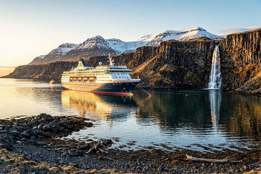 Dramatic Icelandic coastline at golden hour with a cruise ship anchored near towering basalt cliffs, a cascading waterfall, and snow-capped volcanic peaks reflected in a calm fjord