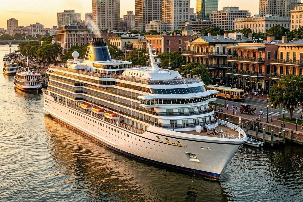 A large modern cruise ship sailing along the Mississippi River past the New Orleans skyline at golden hour, with the French Quarter's wrought-iron balconies and steamboats visible along the bank