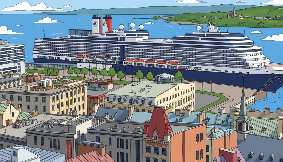 Cruise ship docked at the Old Port of Québec with the historic Château Frontenac and clifftop fortifications of Old Québec visible in the background