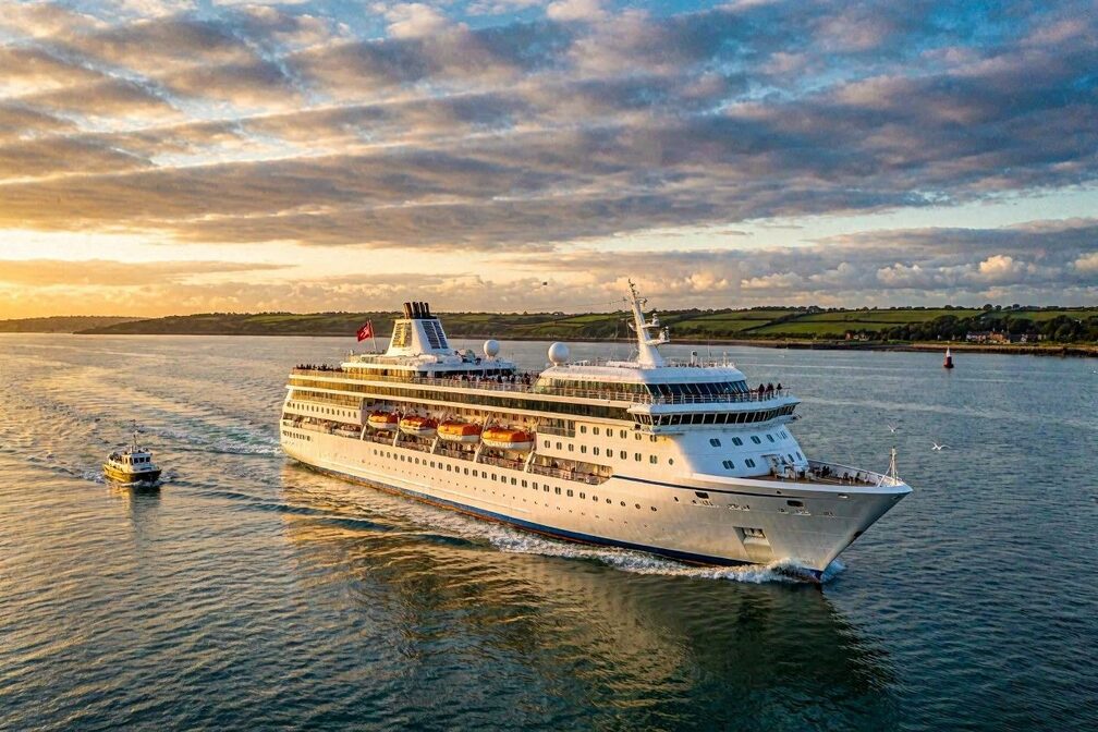 A large white cruise ship sailing underway from Southampton through calm Channel waters at golden hour, with the distant green Hampshire coastline and dramatic clouds overhead