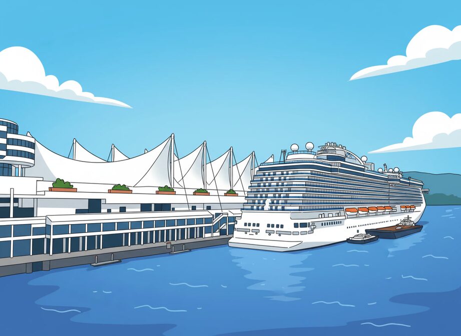 Cruise ship departing Canada Place terminal in Vancouver with the North Shore mountains visible in the background across Burrard Inlet