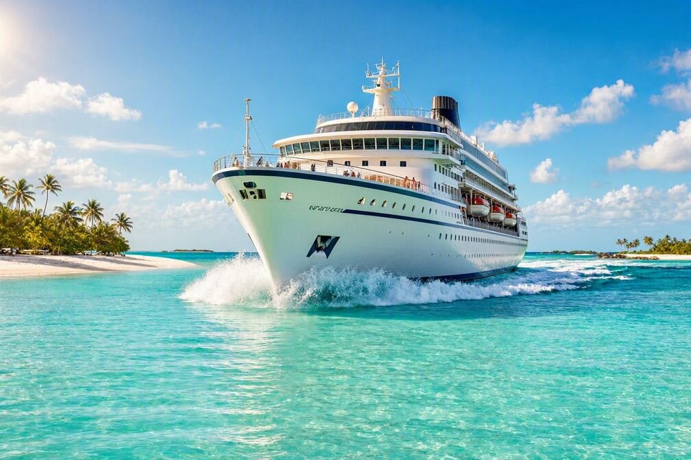A large cruise ship sailing at full speed across the brilliant turquoise shallows off Great Stirrup Cay in the Bahamas, powder-white sand and low palm-covered cays visible in the distance under a bright sub-tropical sky