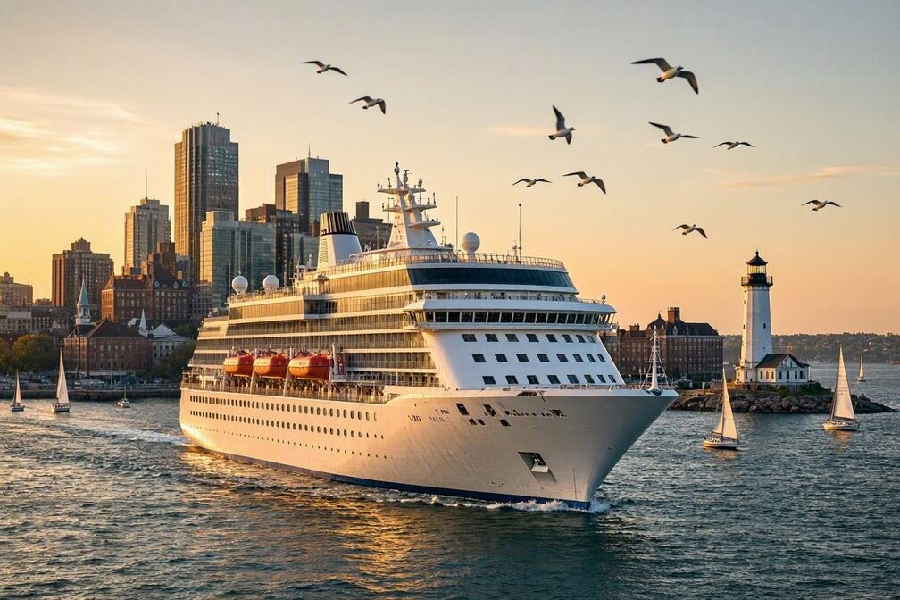 A large modern cruise ship underway in Boston Harbor at golden hour, sailing past the downtown Boston skyline and Boston Light lighthouse, with sailboats on the open water and gulls overhead