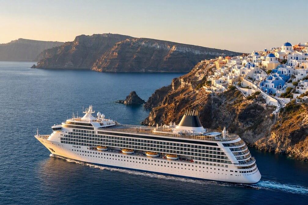 A large modern cruise ship sailing underway across deep blue water below the white-and-blue cliffside village of Oia on Santorini, with the volcanic caldera rising behind it in golden late-afternoon light