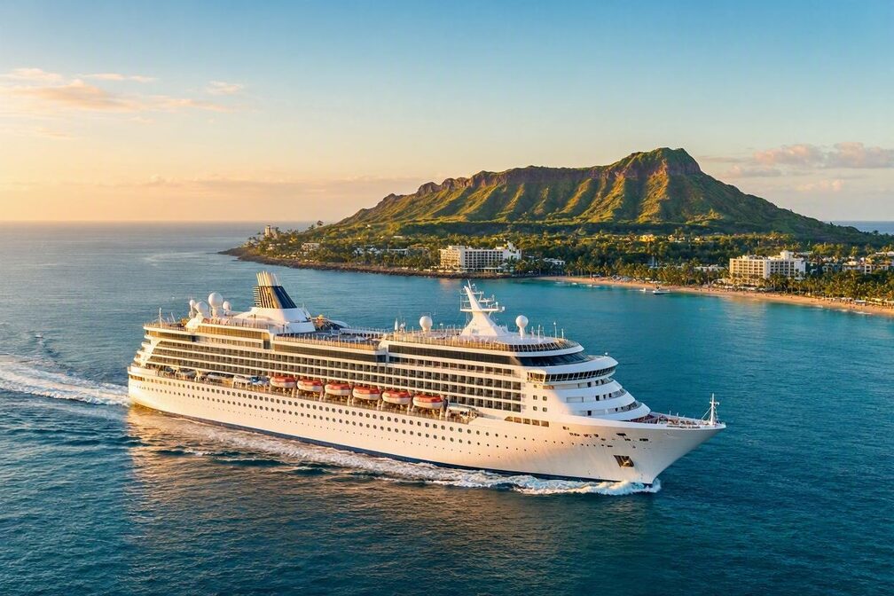 A large white cruise ship sailing under way at golden hour past the Diamond Head crater and the Waikiki shoreline of Honolulu, Oahu, with deep turquoise Pacific water, a gentle wake trailing behind the ship, and palm-lined beaches and green volcanic ridges rising in the background