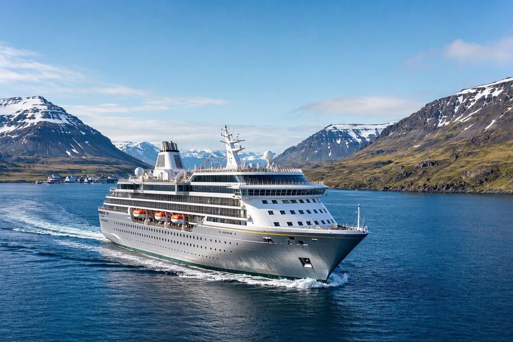 A large modern cruise ship sailing underway through the deep blue water of Eyjafjordur fjord on approach to Akureyri, northern Iceland, with snow-streaked volcanic mountains rising on both sides under a bright Arctic summer sky