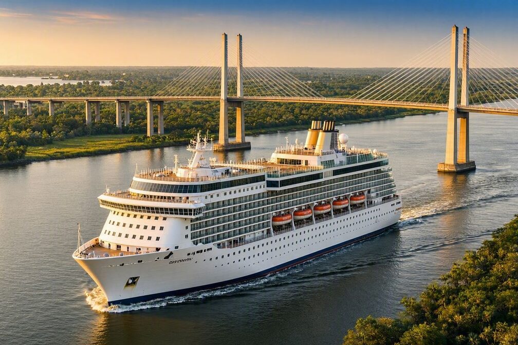 A large cruise ship sailing underway on the St. Johns River outbound from Jacksonville, Florida, passing the Dames Point Bridge at golden hour with the wide river and green North Florida shoreline stretching behind it