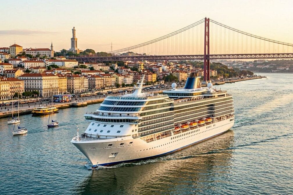 A large modern cruise ship sailing along the Tagus River past the terracotta-roofed hillsides of Lisbon at golden hour, with the 25 de Abril Bridge and the Christ the King statue glowing in warm sunset light