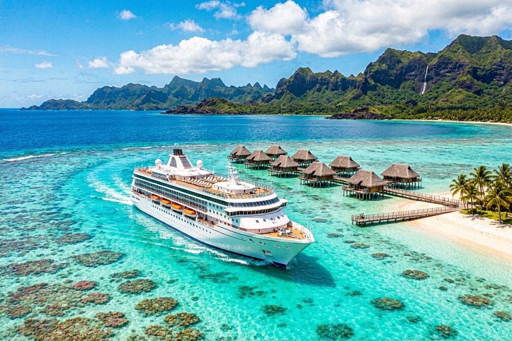 Aerial view of a cruise ship sailing through the turquoise lagoon waters off Tahiti's jagged volcanic peaks, with overwater bungalows, coral reefs, and Mo'orea visible in the distance under a bright tropical sky