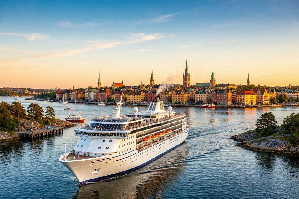 A cruise ship sailing through the calm Baltic waters of the Stockholm Archipelago at golden hour, with the colorful gabled buildings and church spires of Gamla Stan glowing in warm amber light on the horizon