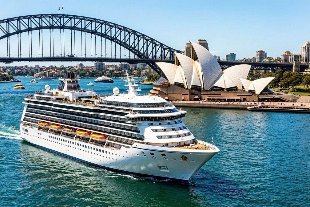 A large white cruise ship sailing through Sydney Harbour under a clear blue sky, with the iconic sail-shaped Opera House and the steel arch of the Harbour Bridge gleaming in bright sunlight