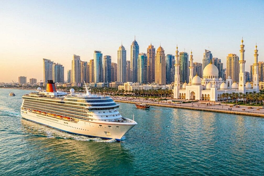 A large cruise ship sailing through the turquoise Arabian Gulf past Abu Dhabi's glittering skyline and the white domes of the Sheikh Zayed Grand Mosque at golden hour, with the palm-lined corniche stretching along the shore