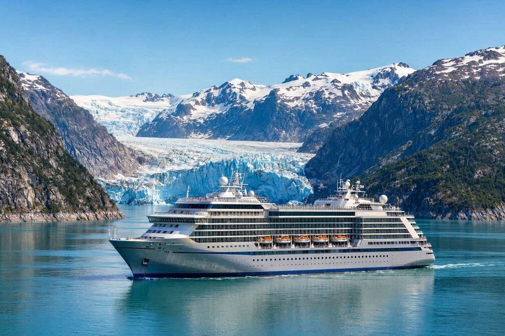 A large modern cruise ship sailing through the calm, glacier-lined waters of Alaska's Inside Passage, with snow-capped mountains and a tidewater glacier in the background under a clear summer sky
