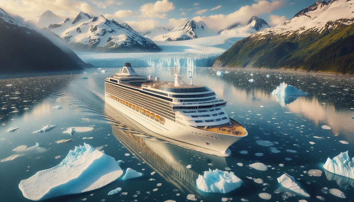 A cruise ship sailing through icy Alaskan waters with snow-capped mountains and a tidewater glacier visible in the background