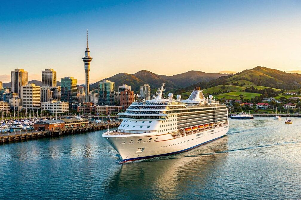 A large cruise ship sailing through the Waitemata Harbour with Auckland's skyline and the iconic Sky Tower visible at golden hour, green volcanic hills rising in the distance under a clear New Zealand sky