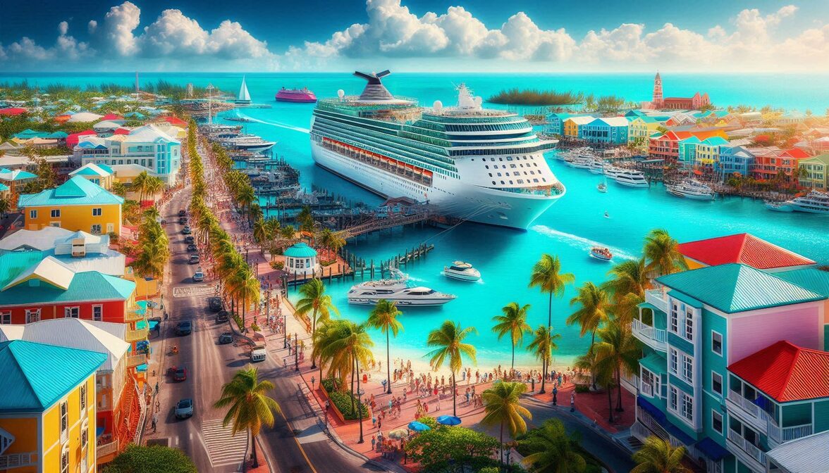 A turquoise-blue Bahamian harbor with a cruise ship docked at Nassau, palm trees along the waterfront, and clear skies above