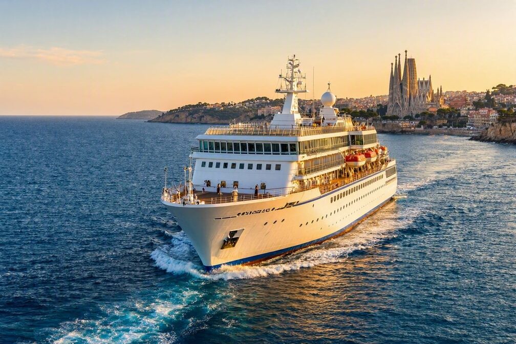 A cruise ship under way on the deep blue Mediterranean at golden hour, the spires of Barcelona's Sagrada Familia and the Catalan coastline receding in the distance behind it