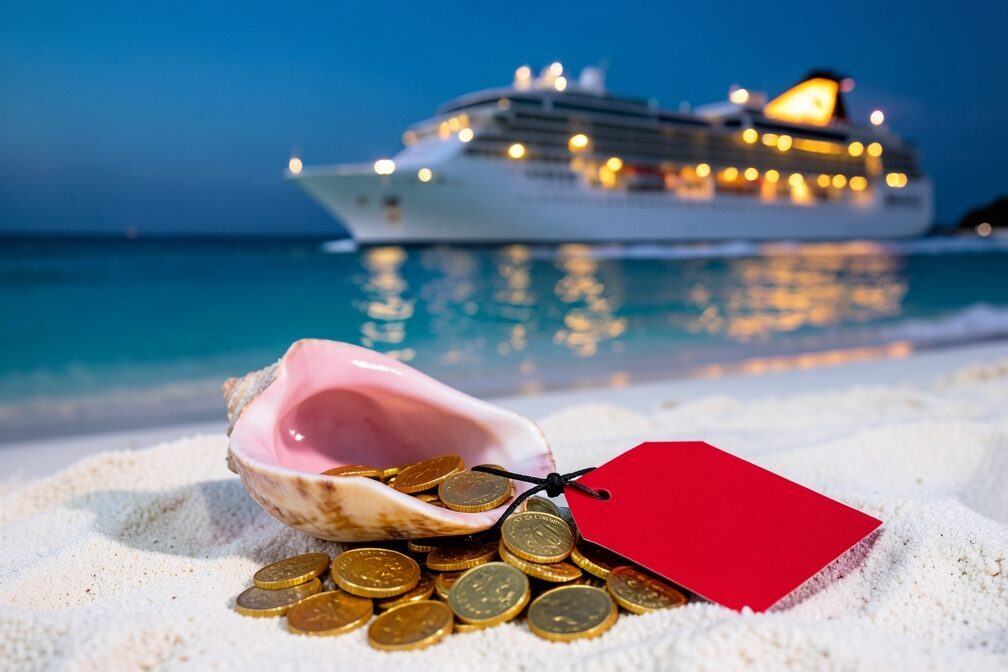 A conch shell spilling gold coins beside a blank red sale tag on the white sand, with a large cruise ship sailing at dusk across the turquoise waters off Great Stirrup Cay in the Bahamas, its decks lit warm gold