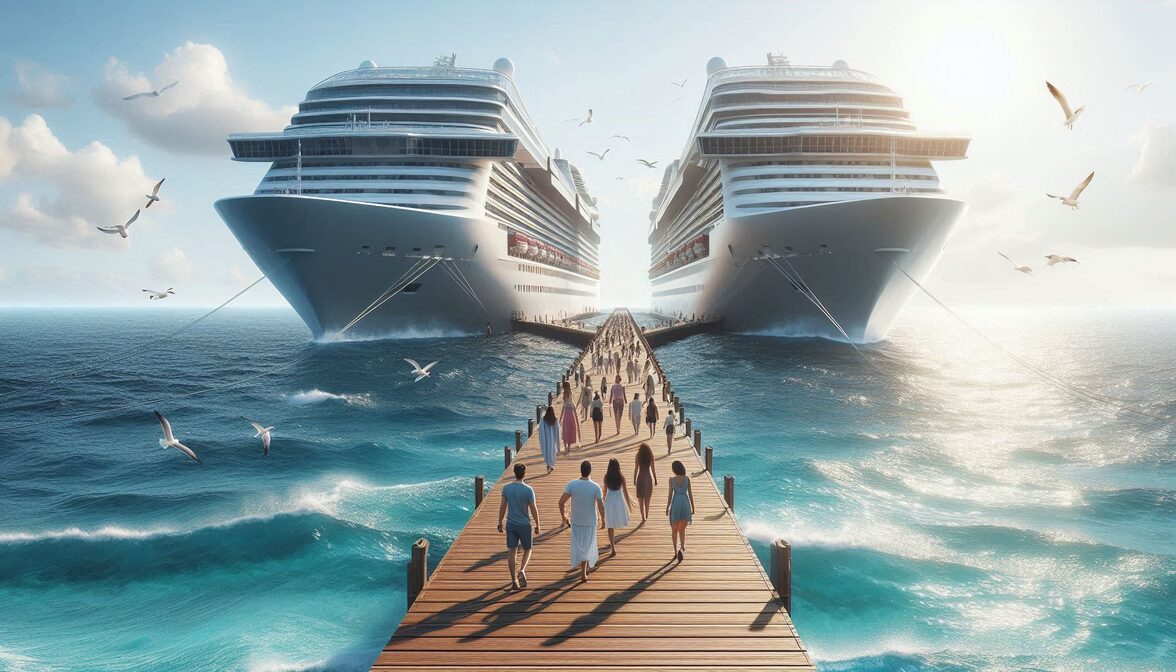 Cruise ship passengers walking a pier that splits leading to two separate cruise ships