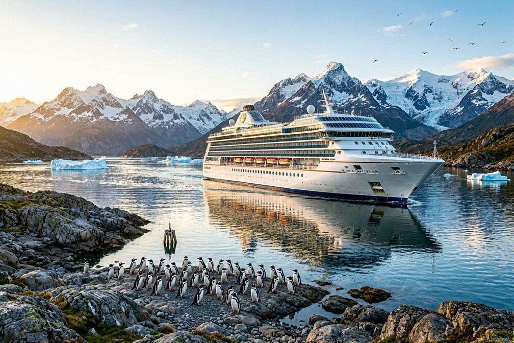 A sleek cruise ship sailing through the dramatic glacial fjords of southern Patagonia at golden hour, with snow-capped Andean peaks reflected in calm dark water and a colony of penguins on a rocky shoreline in the foreground