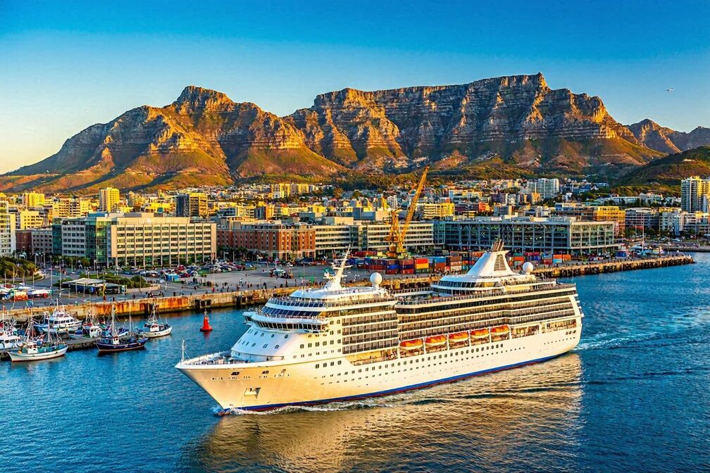 A large white cruise ship sailing through the blue waters of Table Bay past Cape Town's harbor at golden hour, with Table Mountain's dramatic flat summit glowing in warm amber light above the city skyline