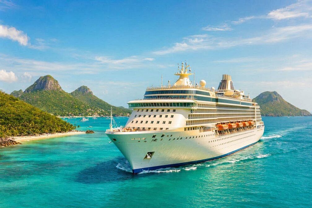 A massive cruise ship sailing through the brilliant turquoise waters of the Caribbean near St. Thomas, US Virgin Islands, with lush green island peaks and white sand beaches glowing under a bright tropical sky