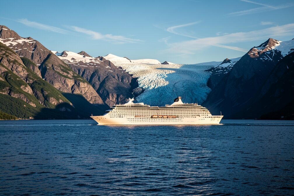 A modern cruise ship sailing underway through the still blue water of Endicott Arm in Alaska, with the deep blue face of Dawes Glacier and snow-streaked granite peaks rising behind it in soft summer light