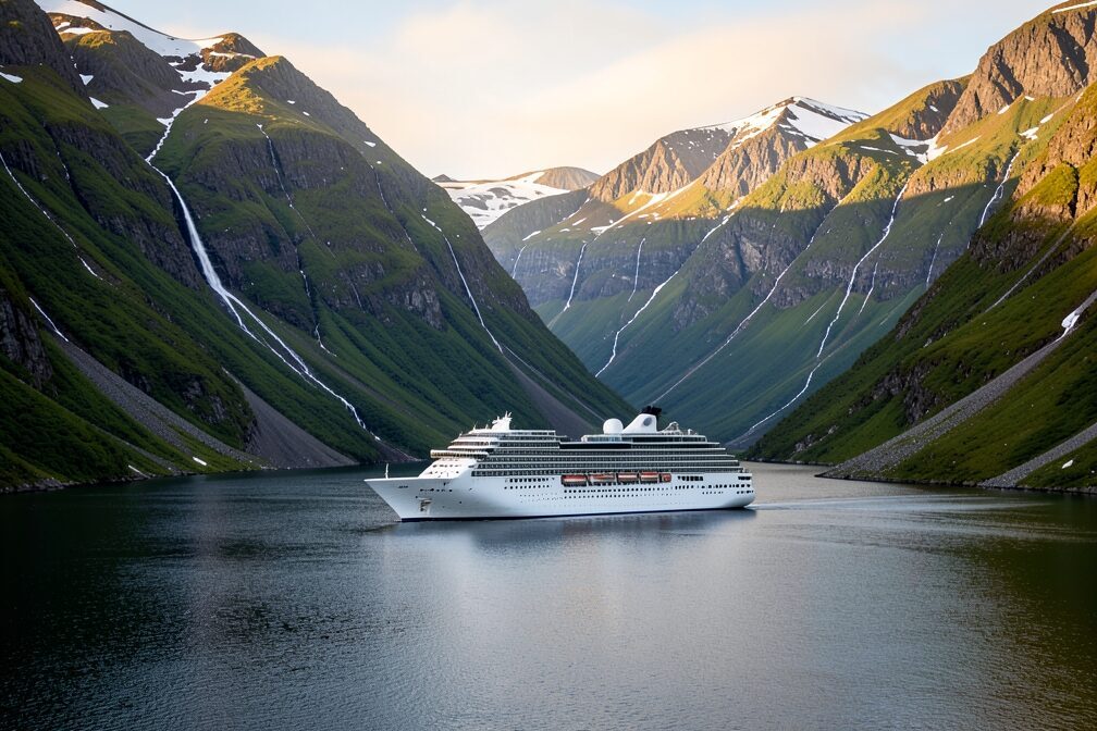 A sleek modern cruise ship sailing underway through a calm fjord in northern Iceland near Akureyri, steep green mountains streaked with snow and thin waterfalls rising on both sides under soft midnight-sun light