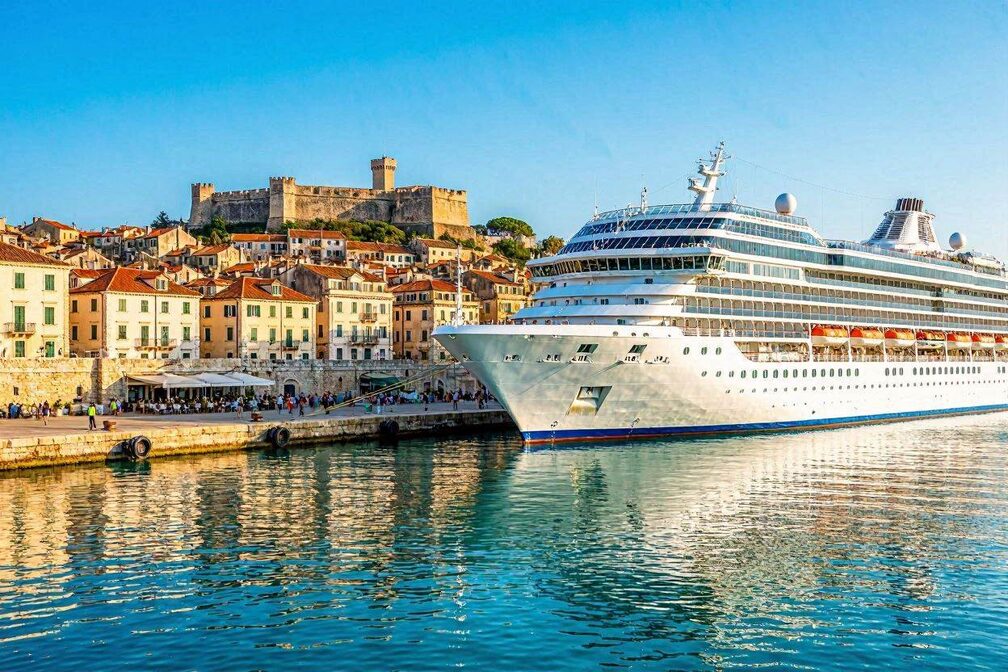 A large cruise ship docked at a sun-drenched Italian port with terracotta rooftops, a historic fort, and turquoise Mediterranean water in the foreground under a clear blue sky