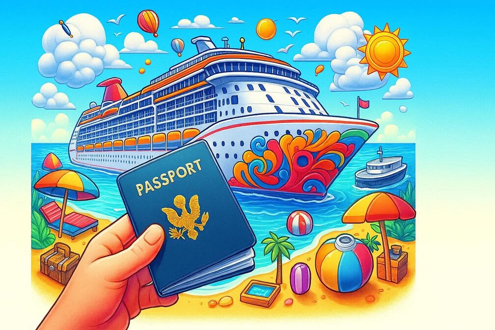 Traveler reviewing travel documents at a cruise terminal with a large ship docked in the background at golden hour