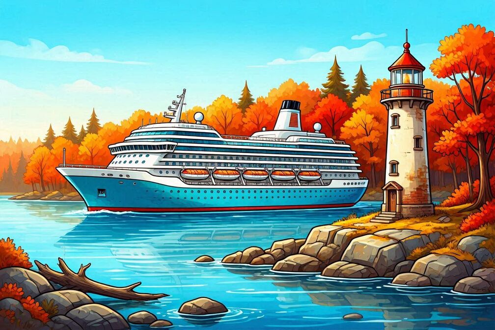 A large cruise ship gliding through calm coastal waters surrounded by dense forests ablaze with red, orange, and gold autumn foliage, rocky shoreline and lighthouse in the foreground under a crisp blue sky