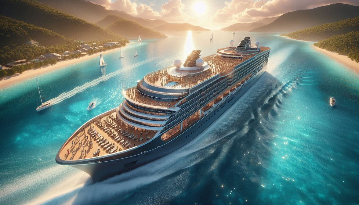 A large modern cruise ship sailing through sparkling turquoise Caribbean waters at golden hour, with tropical islands visible in the distance and passengers enjoying the open sun deck