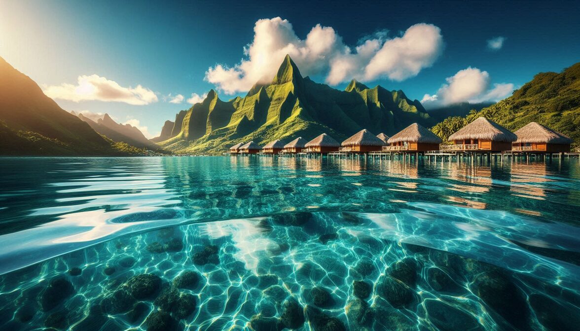Crystal clear turquoise lagoon surrounded by lush green mountains and overwater bungalows in a tropical South Pacific island paradise with dramatic volcanic peaks in the background