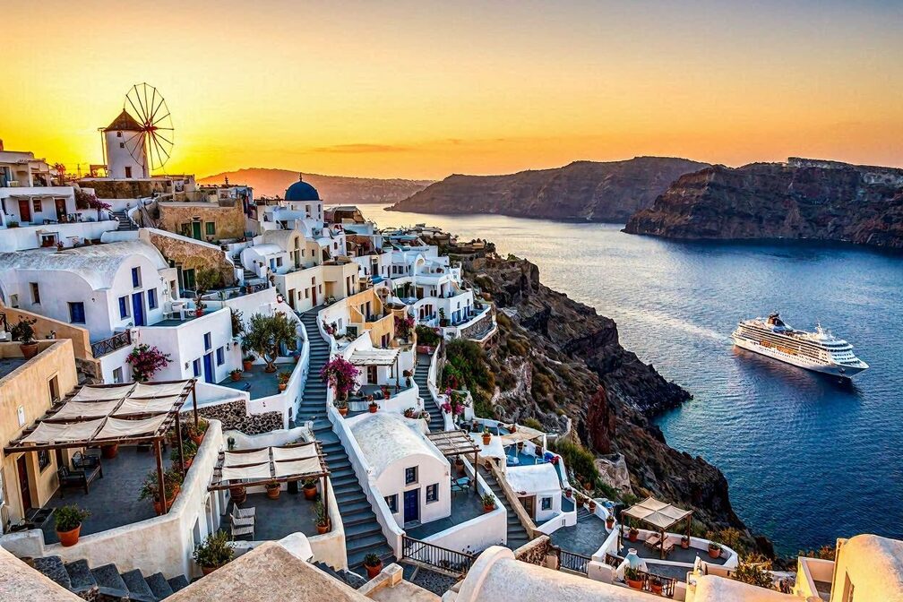 dramatic aerial view of white-washed cubic buildings cascading down volcanic clifftops to a glittering blue caldera, with a traditional windmill silhouetted against a golden sunset sky