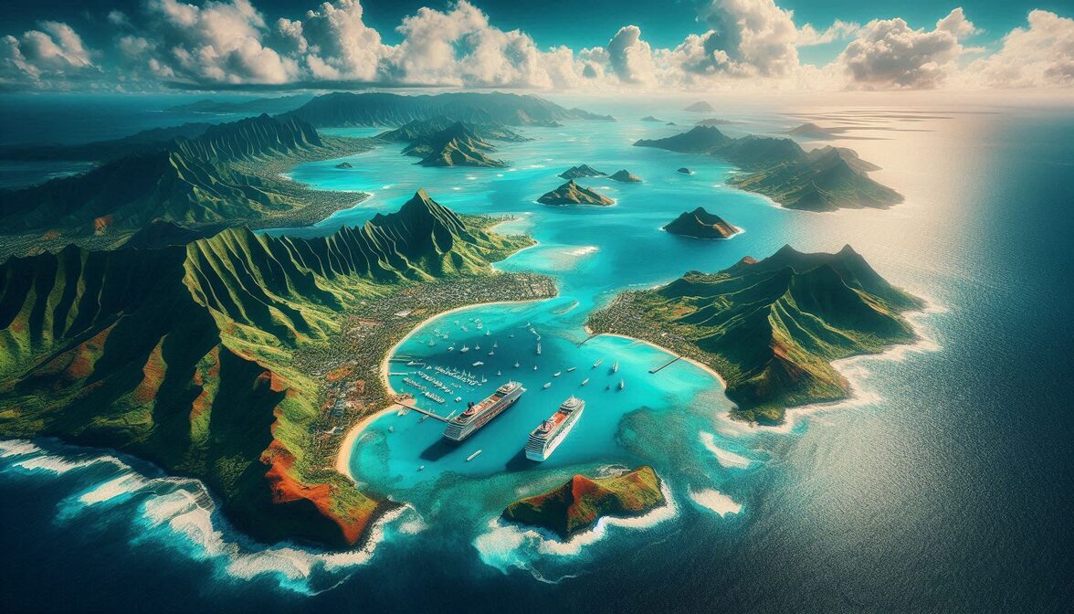 Aerial view of Hawaiian islands with lush green mountains meeting turquoise ocean waters, showcasing multiple islands that NCL cruises visit