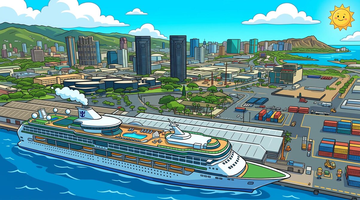 Panoramic aerial view of Honolulu Harbor with a large Norwegian cruise ship docked near Waikiki Beach and Diamond Head crater in the background at golden hour
