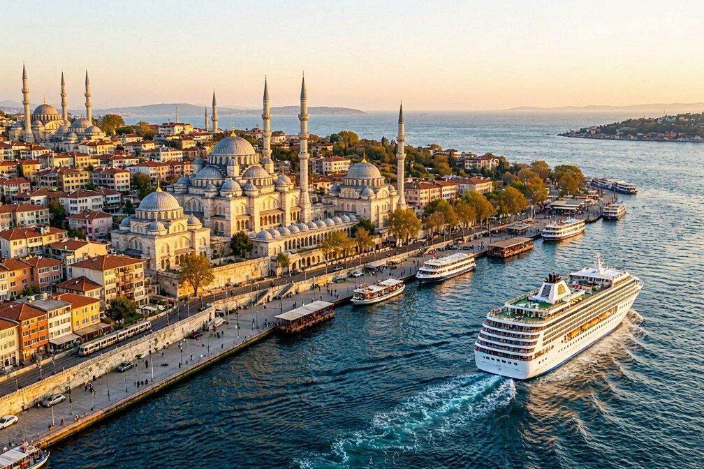 Aerial view of Istanbul's skyline at golden hour with historic domed mosques and minarets along the Bosphorus strait, a large cruise ship departing toward the blue Aegean Sea under warm Mediterranean light