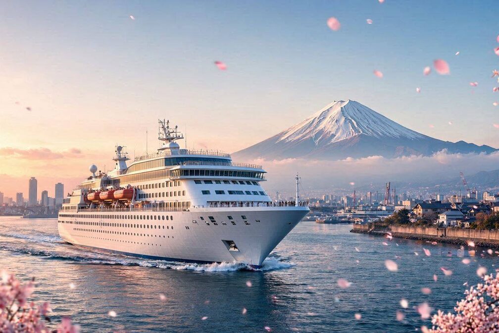A cruise ship sailing across Tokyo Bay at sunrise with the snow-capped peak of Mount Fuji rising in the background and cherry blossom petals drifting over the Japanese coastline