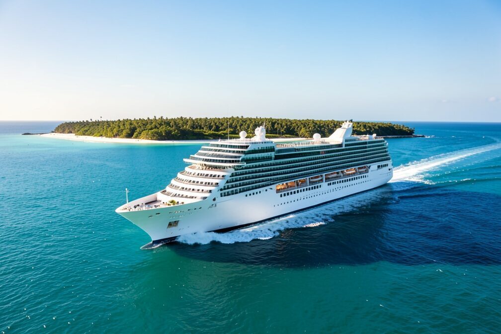 A large modern cruise ship sailing at full speed through the turquoise water off Great Stirrup Cay in the Bahamas, white wake trailing behind, with the low green island and its curving white sand beach on the horizon under bright March sunshine
