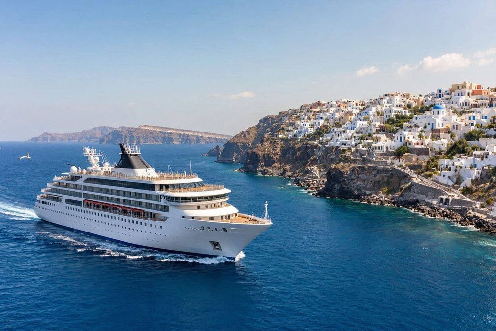 A large modern cruise ship sailing across the deep blue Mediterranean Sea past the whitewashed cliffside villages of Santorini, Greece, under a bright summer sky