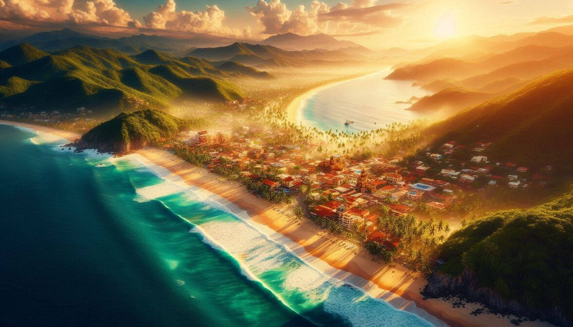 Aerial view of a sun-drenched Pacific Mexico coastline with turquoise water, white sand beaches, lush jungle hillsides, and a colorful colonial town nestled between mountains and sea