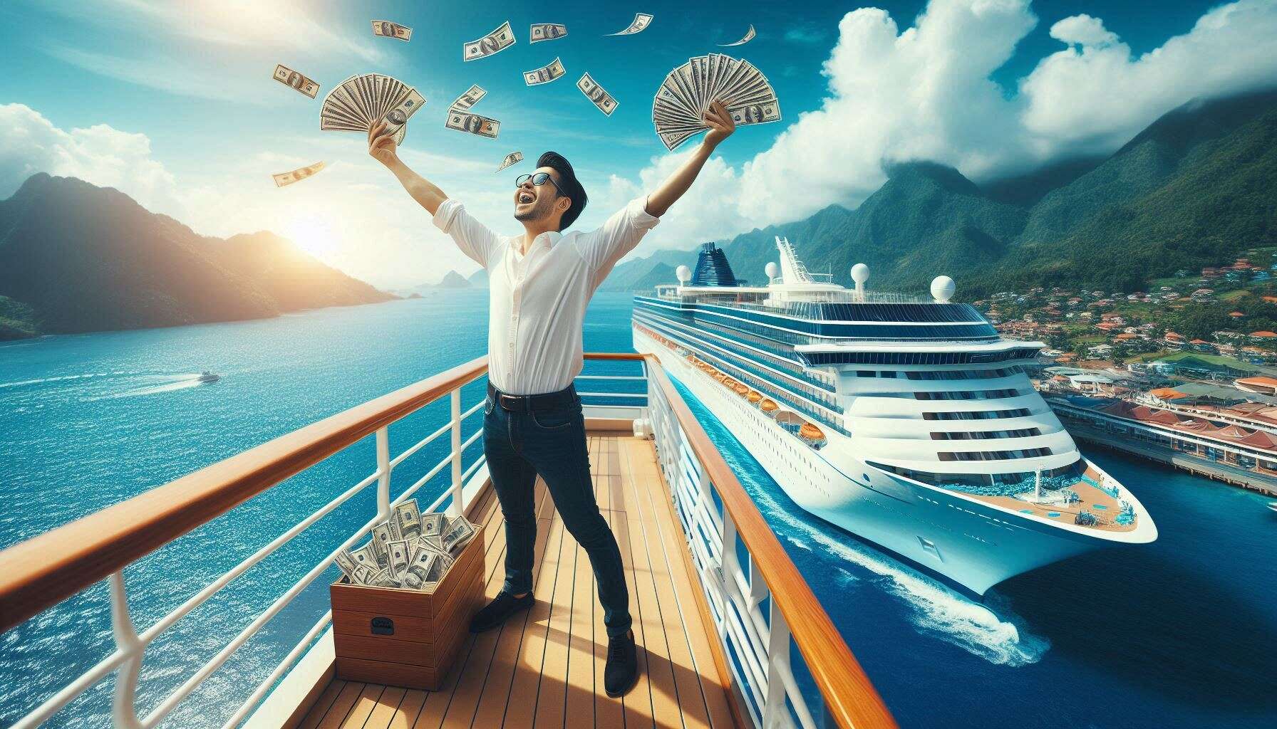Man standing excited on top of cruise ship with money in his hands.