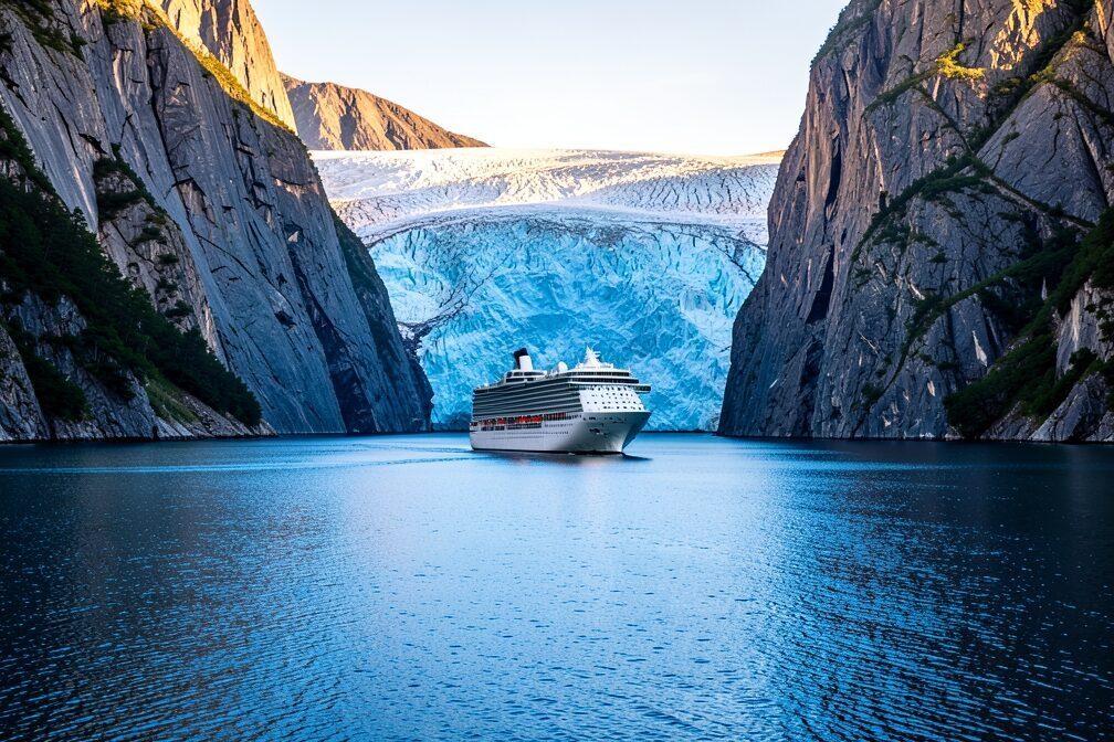 A cruise ship underway in the still blue water of Tracy Arm Fjord, Alaska, gliding between steep granite walls toward the ice face of Dawes Glacier under bright summer light