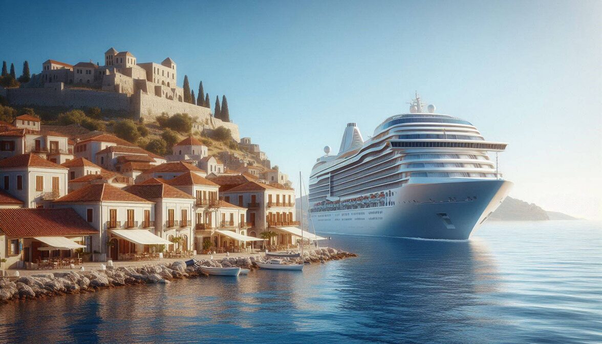 A large white cruise ship sailing past terracotta-roofed coastal buildings under a cloudless Mediterranean sky, with brilliant blue water in the foreground and ancient hilltop ruins in the distance