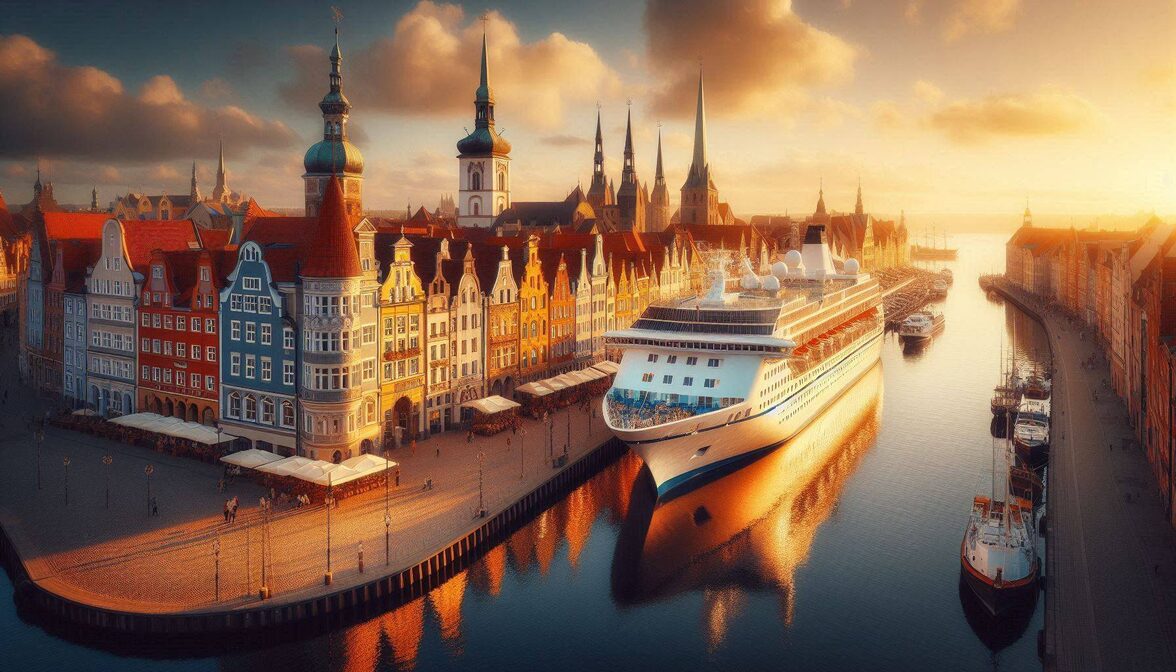 A cruise ship docked in a historic Baltic port with colorful medieval buildings, cobblestone streets, and a church spire reflected in calm harbor waters at golden hour