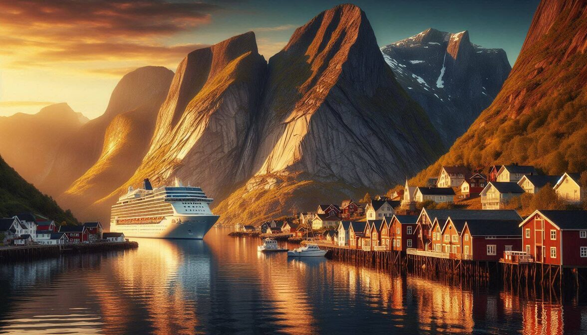 Dramatic Norwegian fjord landscape with colorful wooden houses along the waterfront, steep mountain cliffs, and a large cruise ship anchored in calm glassy blue waters at golden hour