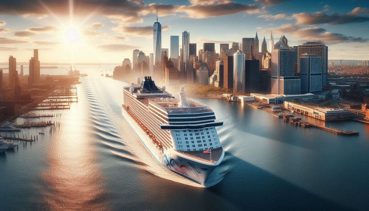 Norwegian Aqua cruise ship departing Manhattan Cruise Terminal at Pier 88 with the New York City skyline in the background, heading toward Bermuda