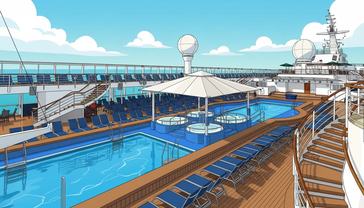 Norwegian Sky vacant pooldeck, capturing the farewell to this classic cruise ship as it prepares to join another cruise line