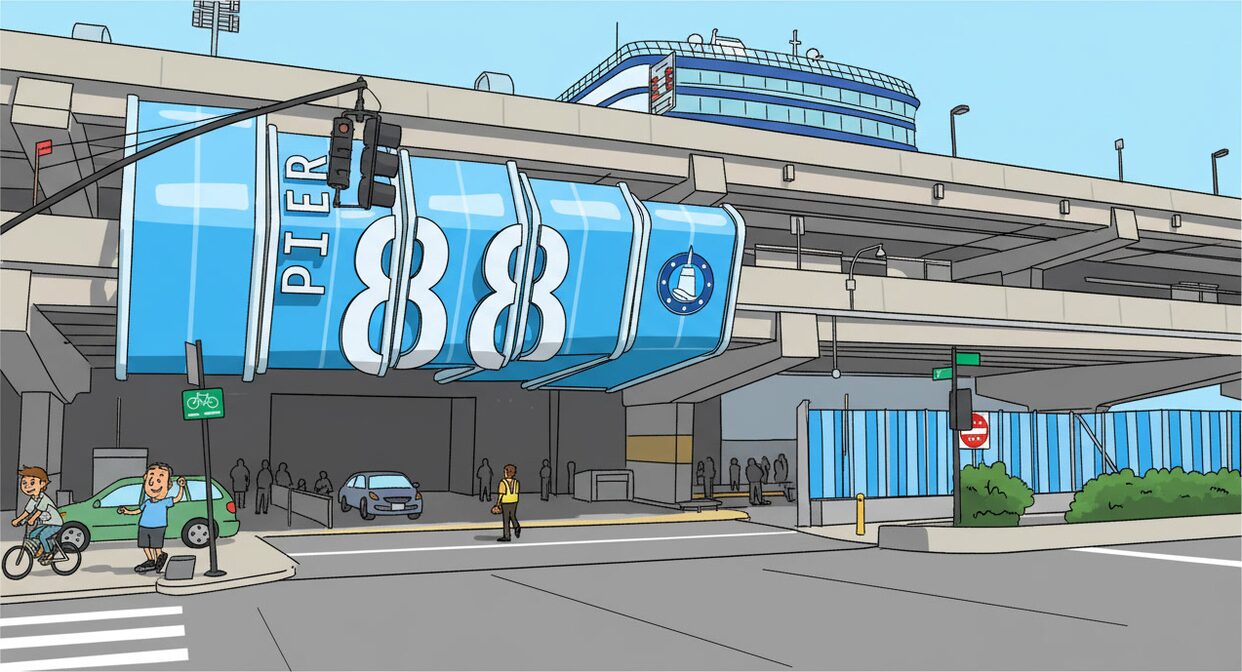 Manhattan cruise terminal with Norwegian Cruise Line ship docked at sunset, New York City skyline visible in background